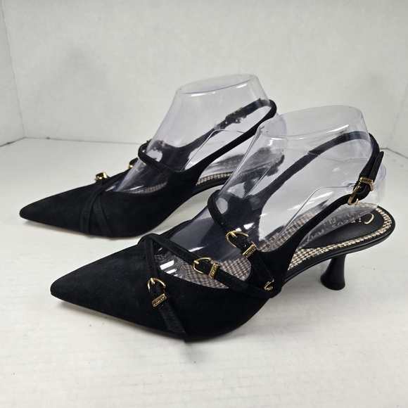 Circus by Sam Edelman Fraya Slingback Black Suede Pumps with Gold Buckles-Size 7 - Picture 2 of 15